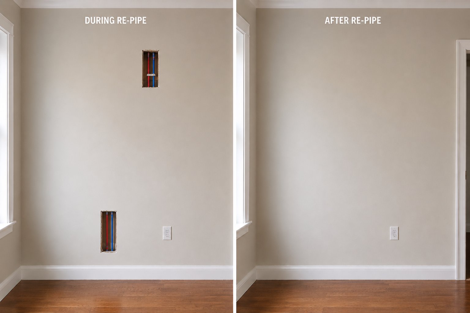 During re-pipe: walls cut open with new pipes installed. After re-pipe: walls fully restored, textured, and painted.
